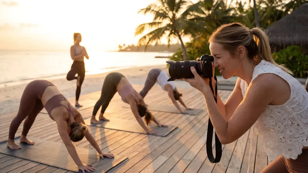 Fotoshooting einer Yoga-Session an einem Strand auf Mallorca
